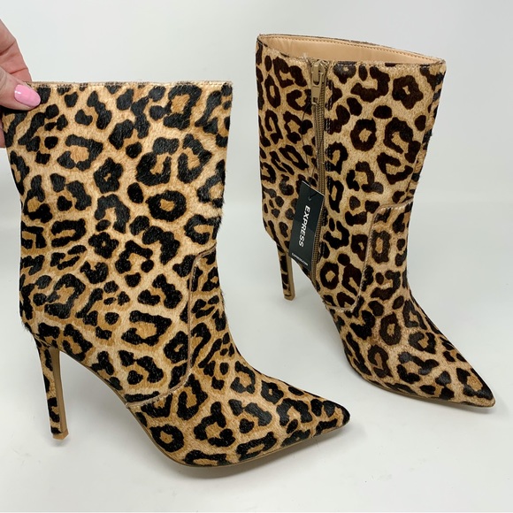 Express Shoes - NWT $108 Express Genuine Calf Hair Leopard Side Zip Pointed Toe Ankle Boots 8.5